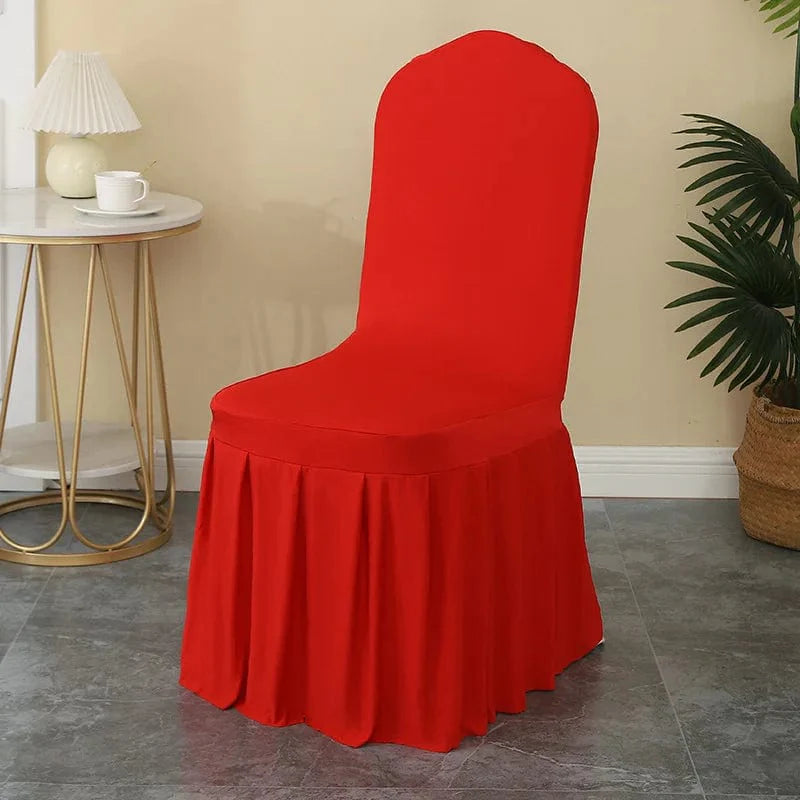 Luxury stretch spandex wedding chair cover with pleated skirt, elegant and elastic for hotel banquets and special events.