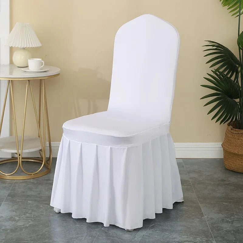 Luxury stretch spandex wedding chair cover with pleated skirt, elegant and elastic for banquet, hotel, or birthday party decor.