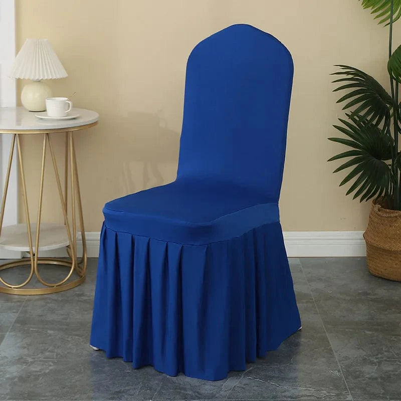 Luxury black spandex wedding chair cover with pleated skirt, elastic stretch for elegant banquet and party decor.