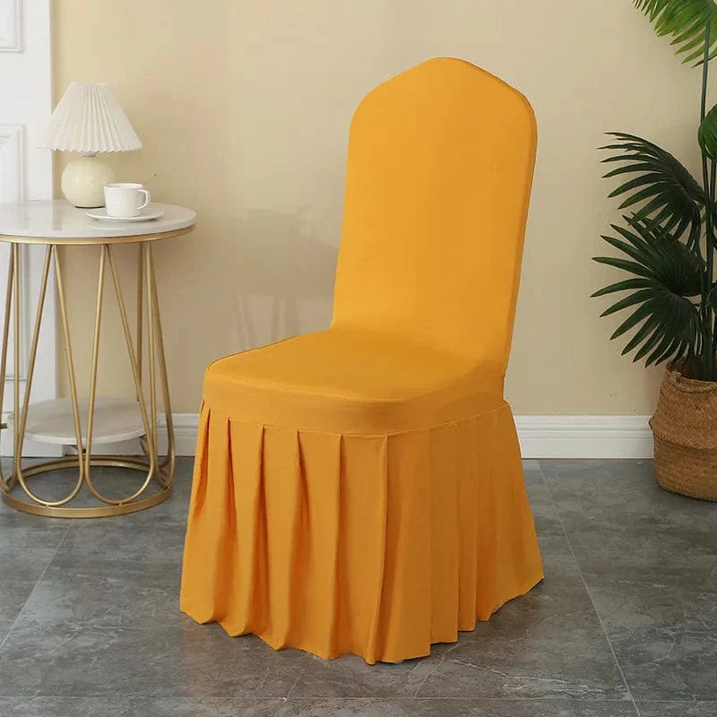 Luxury Spandex wedding chair cover with pleated skirt, elastic stretch fit, ideal for banquet, hotel, or birthday party decorations.