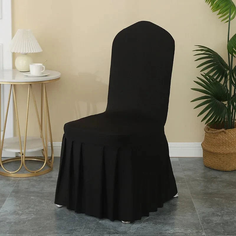 Luxury stretch spandex wedding chair cover with pleated skirt, elegant and elastic for banquet and party decoration.