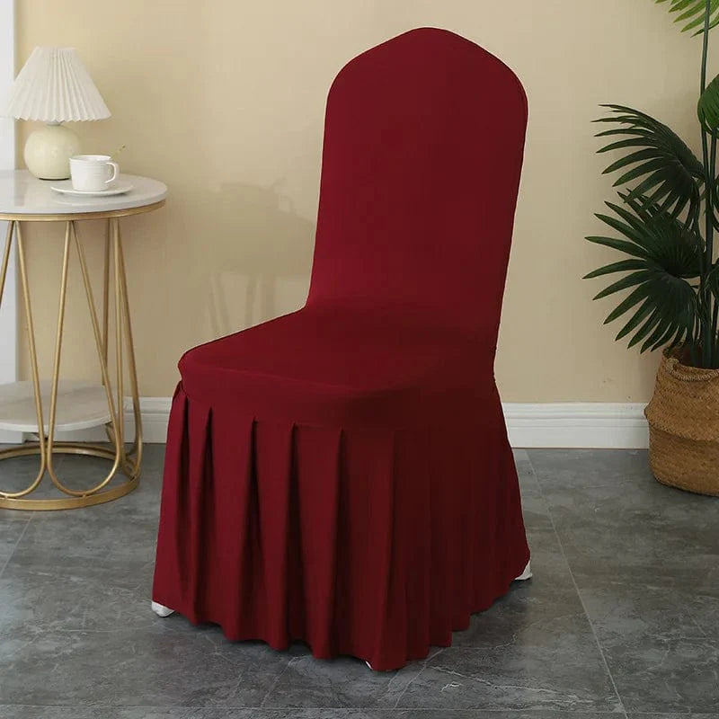 Luxury stretch spandex wedding chair cover with pleated skirt, designed for elegant party and banquet decoration.