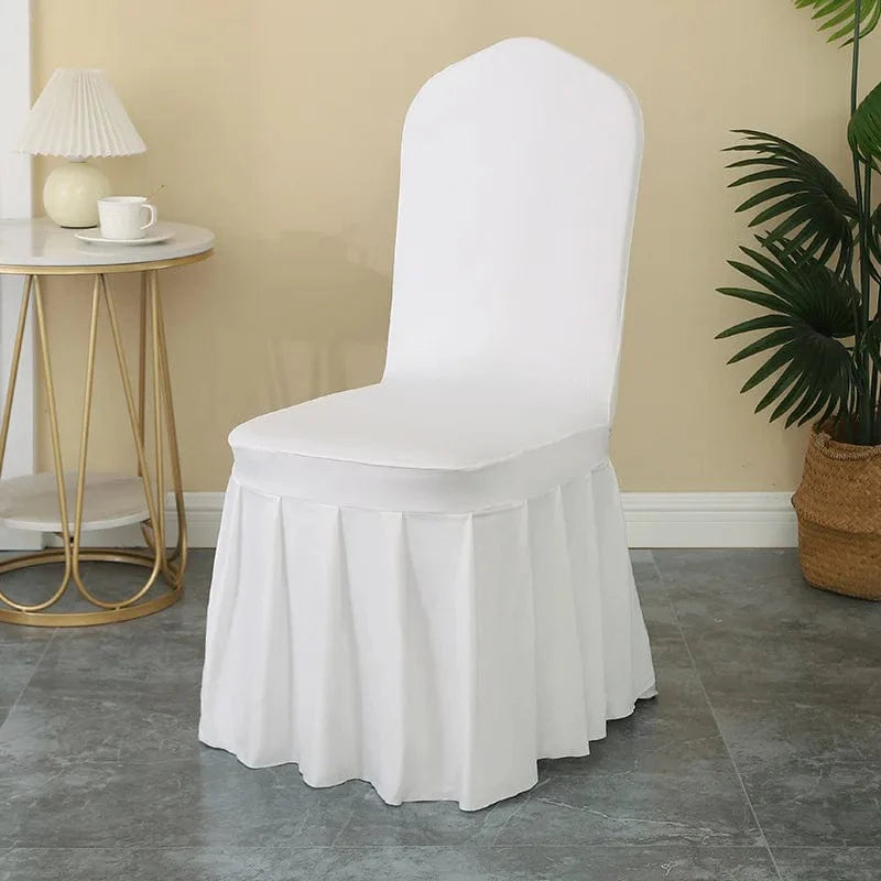 Luxury Spandex wedding chair cover with pleated skirt, elastic stretch for elegant banquet and party decor.