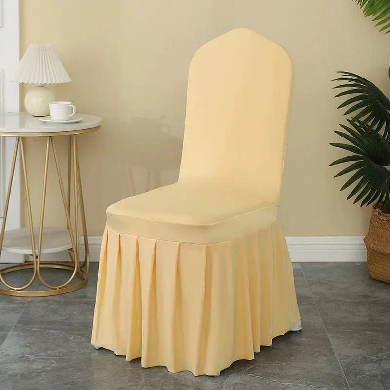 Luxury Spandex wedding chair cover with pleated skirt, elastic stretch design, ideal for banquet, hotel, or birthday event decoration.