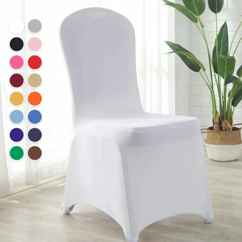 Showlu Spandex Stretch Wedding Chair Cover with pleated skirt on a banquet chair, ideal for weddings and events.
