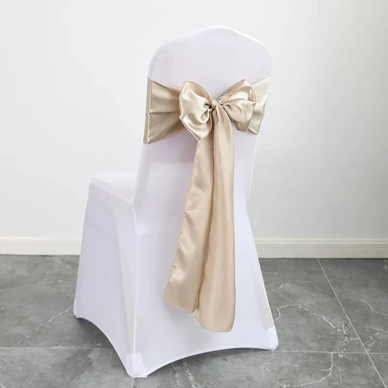 Shiny satin wedding chair sash with luxury bow design, 15x275cm, perfect for wedding decor and special events.