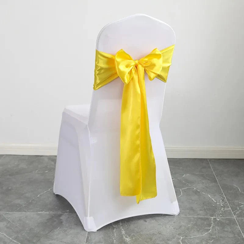 Shiny satin wedding chair sash with elegant bow, 15x275cm, luxury decor for wedding, birthday, and event celebrations.