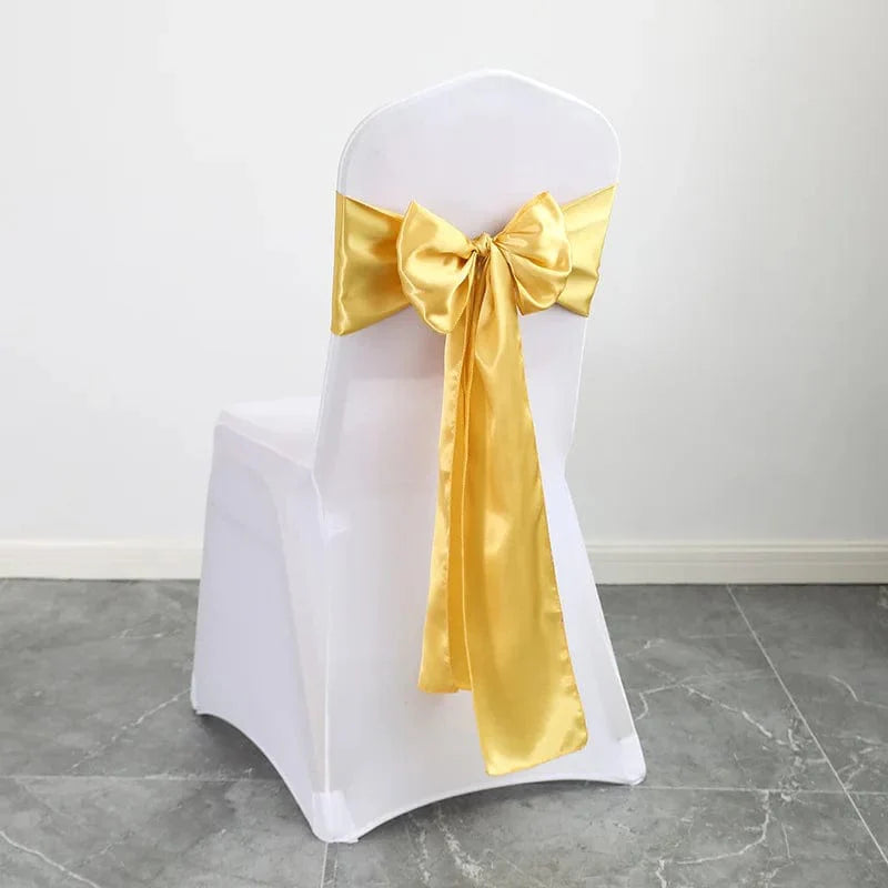 Shiny satin wedding chair sash with luxurious bow design, 15x275cm, perfect for elegant wedding and event decor.