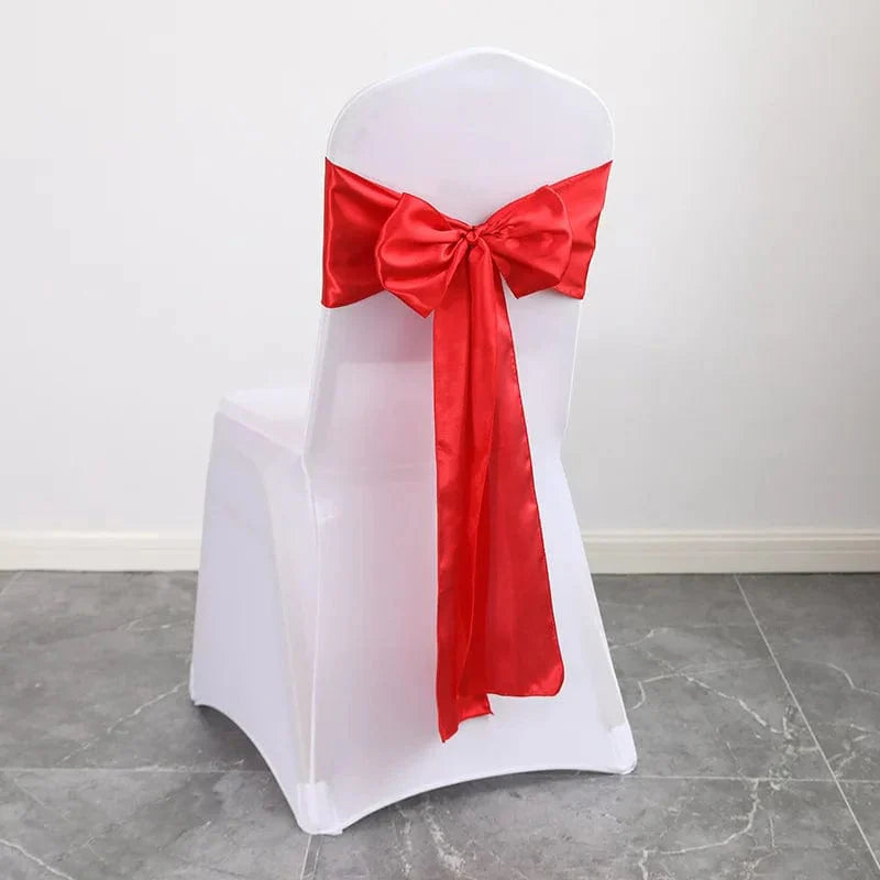 Shiny satin wedding chair sash with luxurious bow design, 15x275cm, perfect for elegant wedding and event decor.