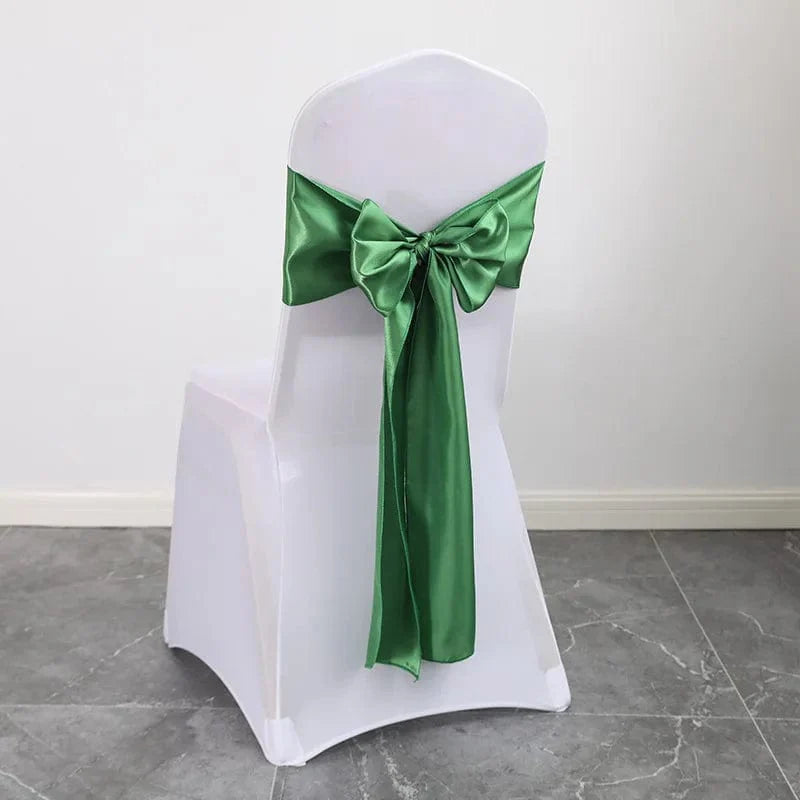 Shiny satin wedding chair sash with bow design, luxury 15x275cm for elegant wedding and event decoration.