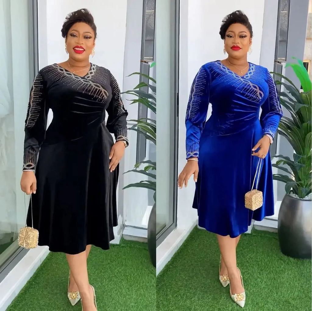 Luxury velvet African evening gown by Showlu Fashion, featuring Dubai Ankara style, perfect for wedding and party occasions.