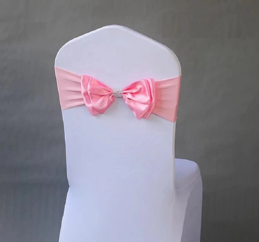 Spandex wedding chair sash with satin lycra bow tie band, ready-made for hotel, birthday, and event decorations.