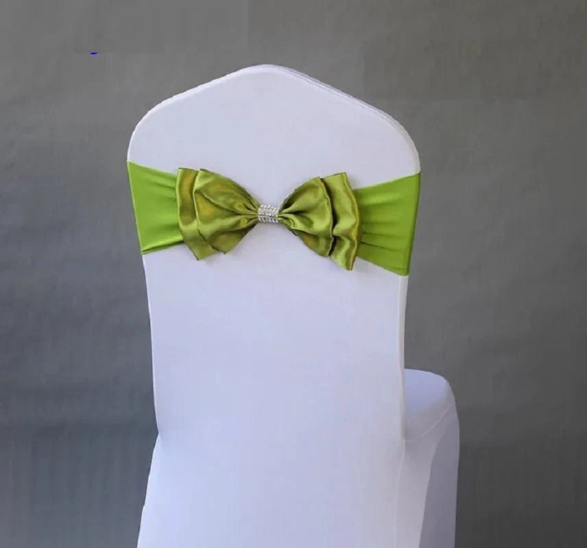 Spandex wedding chair sash with satin lycra bow tie band, ready-made for hotel, birthday, or party decoration.