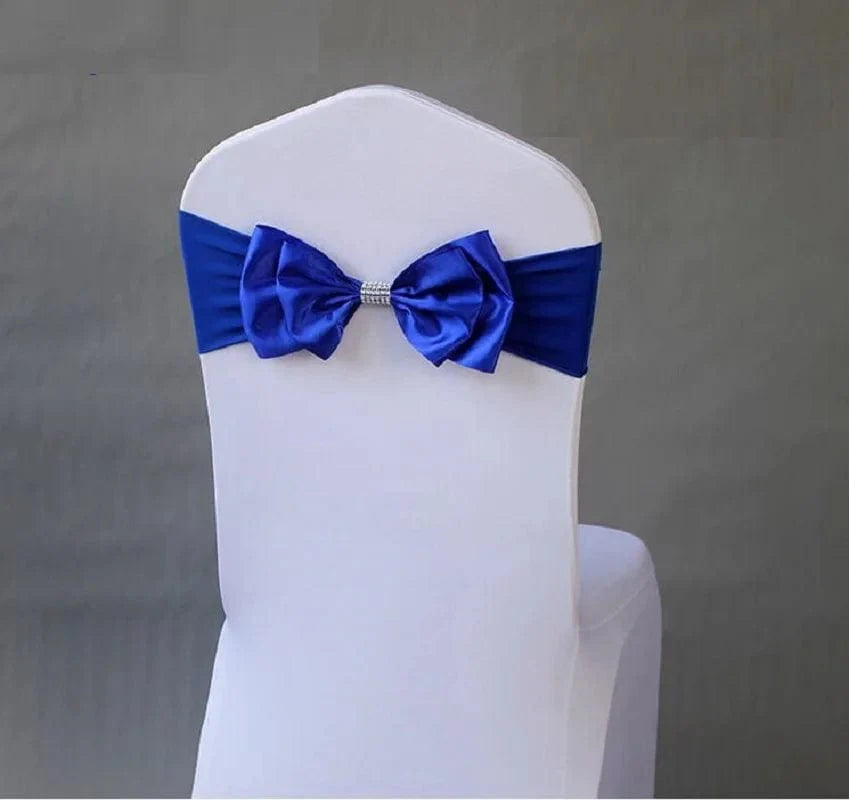 Spandex wedding chair sash with satin lycra bow tie band, decorative for hotel and party event chairs, designed by Showlu Fashion.