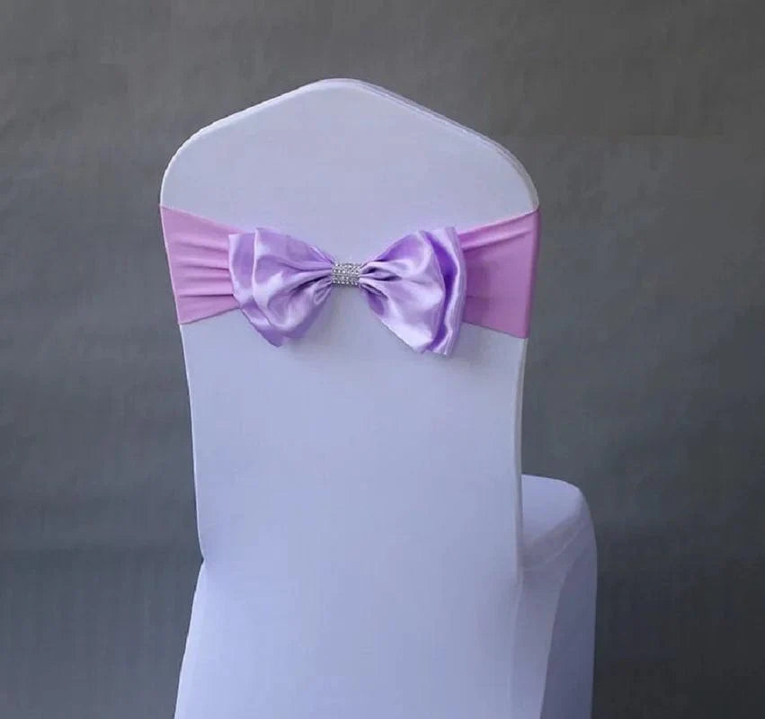Spandex wedding chair sash with satin lycra bow tie band, ideal for hotel, birthday, and event decorations.
