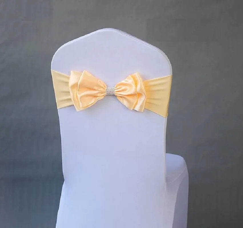 Spandex wedding chair sash with satin lycra bow tie band, elegant ready-made decor for weddings and events