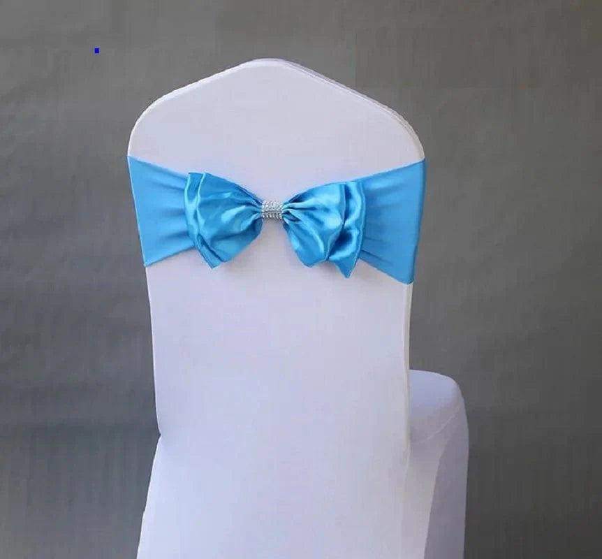 Spandex wedding chair sash with satin lycra bow tie band, ready-made for hotel, birthday, or event decor.