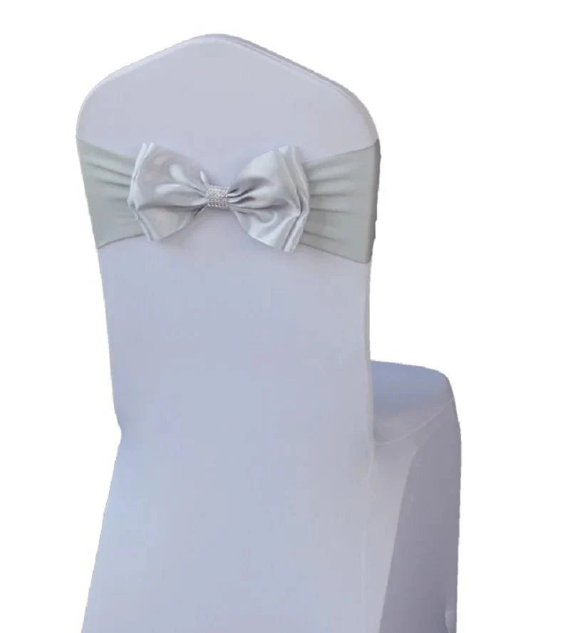 Spandex wedding chair sash with satin lycra bow tie band, decorative ready-made for hotel, birthday, or event decorations.