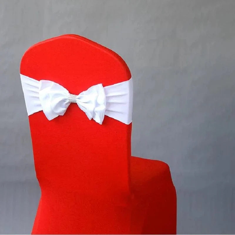 Spandex wedding chair sash with satin lycra bow tie band, elegant ready-made decoration for hotel, birthday, and event decor.