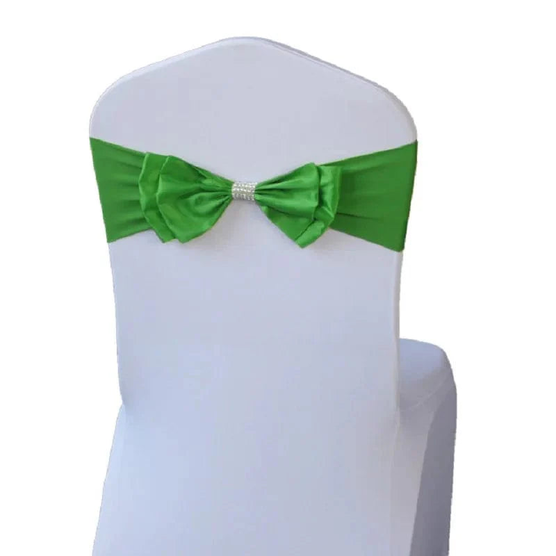 Spandex wedding chair sash with satin lycra bow tie band, decorative and ready-made for hotel, birthday, or party event decor.