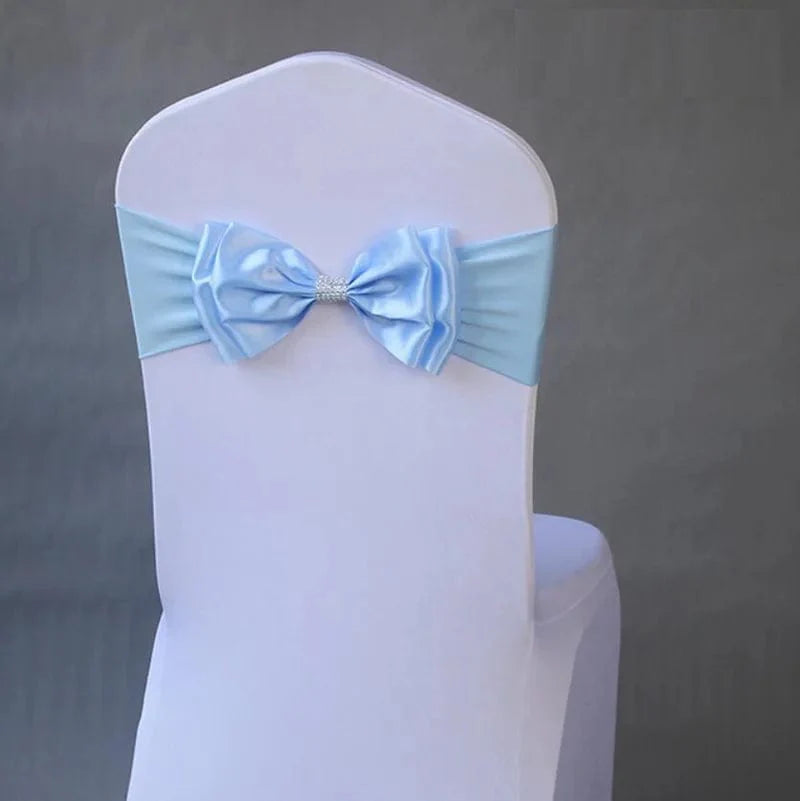 Wedding spandex chair sash with satin lycra bow tie band, decorative for hotel, birthday, or party event seating.
