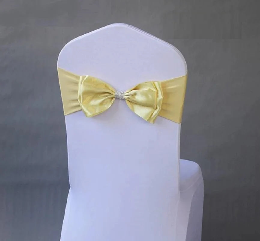 Wedding spandex chair sash with satin lycra bow tie band, elegant ready-made decor for hotel and event chairs.