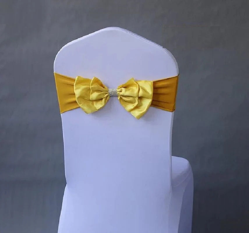 Spandex wedding chair sash with satin Lycra bow tie, decorative band for hotel, birthday, and event decor.