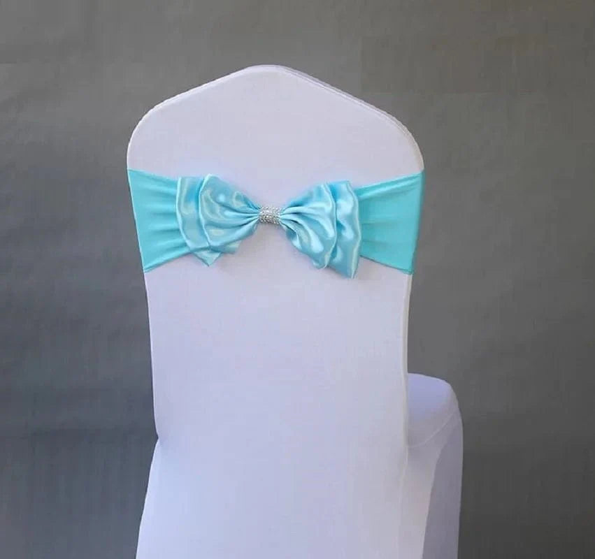 Spandex wedding chair sash with satin lycra bow tie band, decorative for hotel and party event seating.