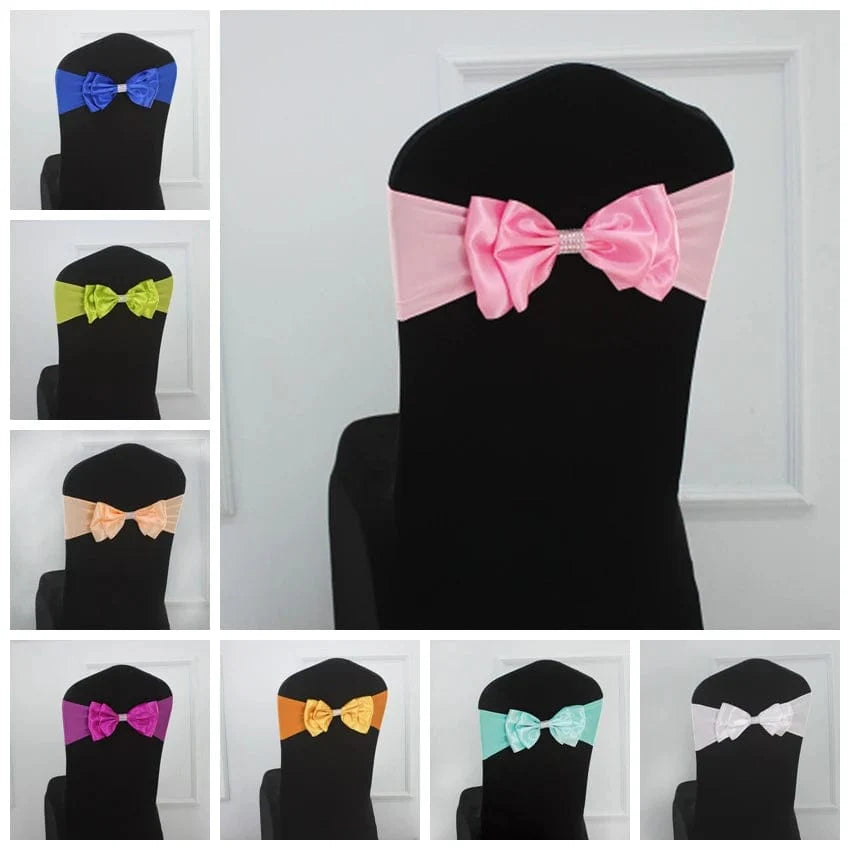 Spandex wedding chair sash with satin Lycra bow tie band, decorative chair cover accessory for weddings and events