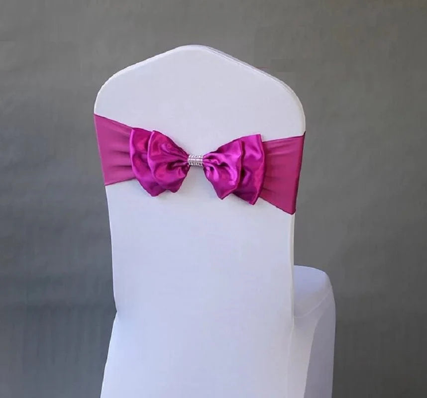 Spandex wedding chair sash with satin lycra bow tie band, decorative chair cover accessory for events and parties.