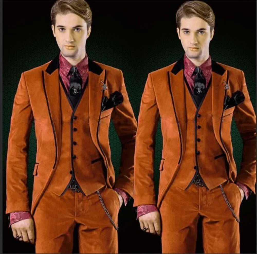 Men's velvet wedding suit by SHOWLU FASHION STORE, 3-piece slim fit blazer set with matching trousers and vest for formal occasions.