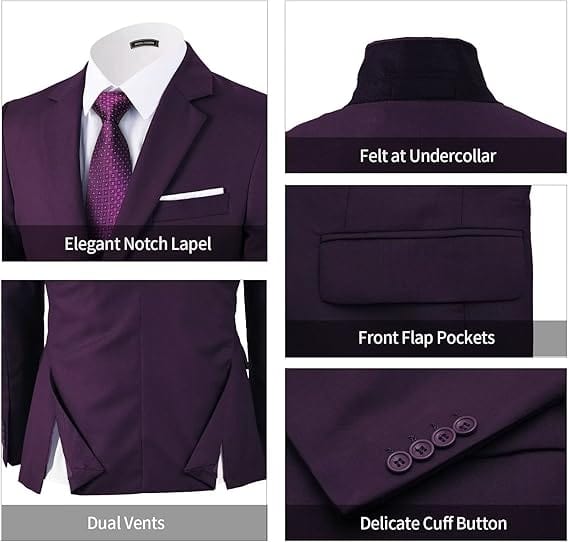 Ween Charm men's 3-piece slim fit tuxedo suit with 2-button blazer, vest, pants, and matching tie, stylish formal men's attire.