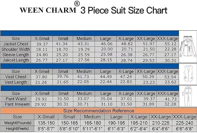 Ween Charm men's 3-piece slim fit tuxedo suit with 2-button blazer, vest, pants, and matching tie, styled for formal occasions.