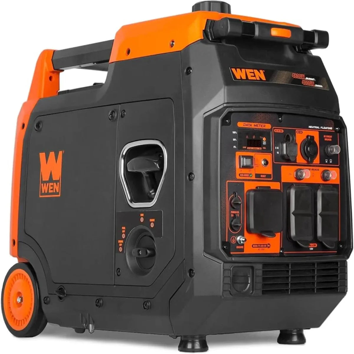 WEN 56477i 4800-Watt portable inverter generator with 224cc engine, compact design, and digital display for power monitoring