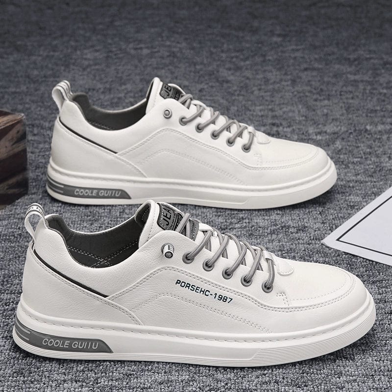 Men's white leisure flats by Liboti, casual PU leather shoes with round toe design, perfect for comfortable autumn wear.