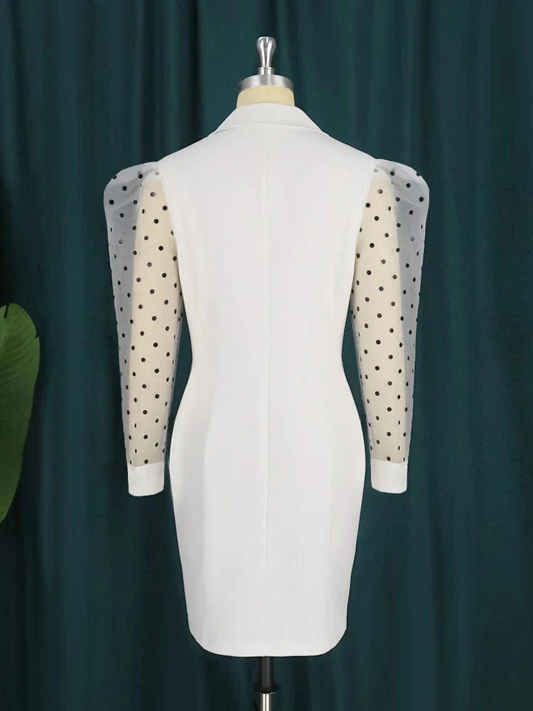 Plus size white blazer dress for women featuring a V-neck, long sleeves, high waist, and bodycon fit, suitable for office or party wear.