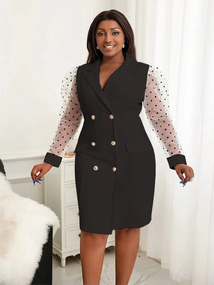 Plus size white blazer dress for women with V-neck, long sleeves, high waist, and bodycon fit, ideal for office or party wear.