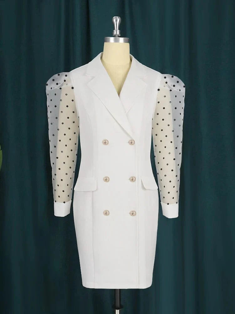 Plus size white blazer dress by SHOWLU FASHION, V-neck bodycon mini with long sleeves, high waist, see-through details, perfect for office or party.
