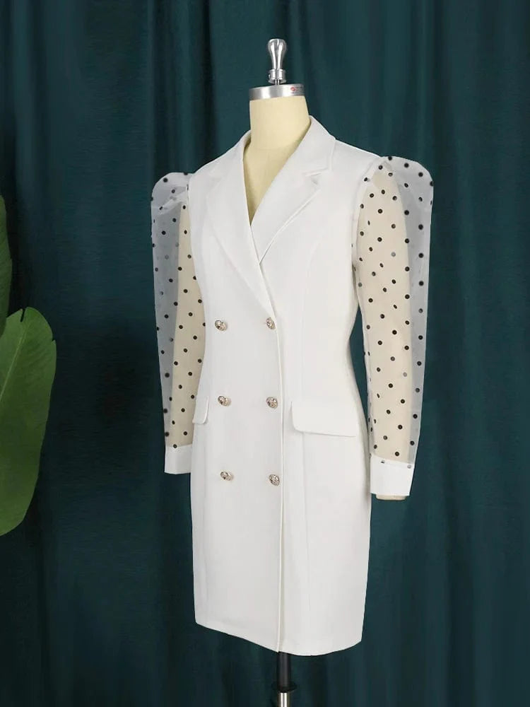 White plus size blazer dress for women featuring a V-neck, long sleeves, high waist, and bodycon fit, ideal for office or parties.