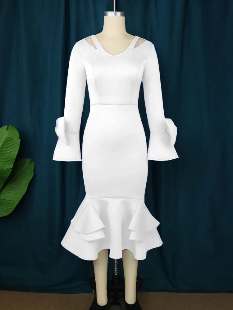 White AOMEI Women's V-Neck Ruffle Midi Dress with long sleeves, high waist, and bowtie detail, perfect for parties and weddings