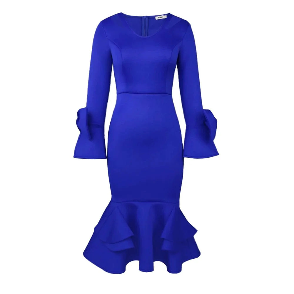 White AOMEI women's v-neck ruffle midi dress with long sleeves, high waist, and bowtie detail, suitable for party or wedding occasions.