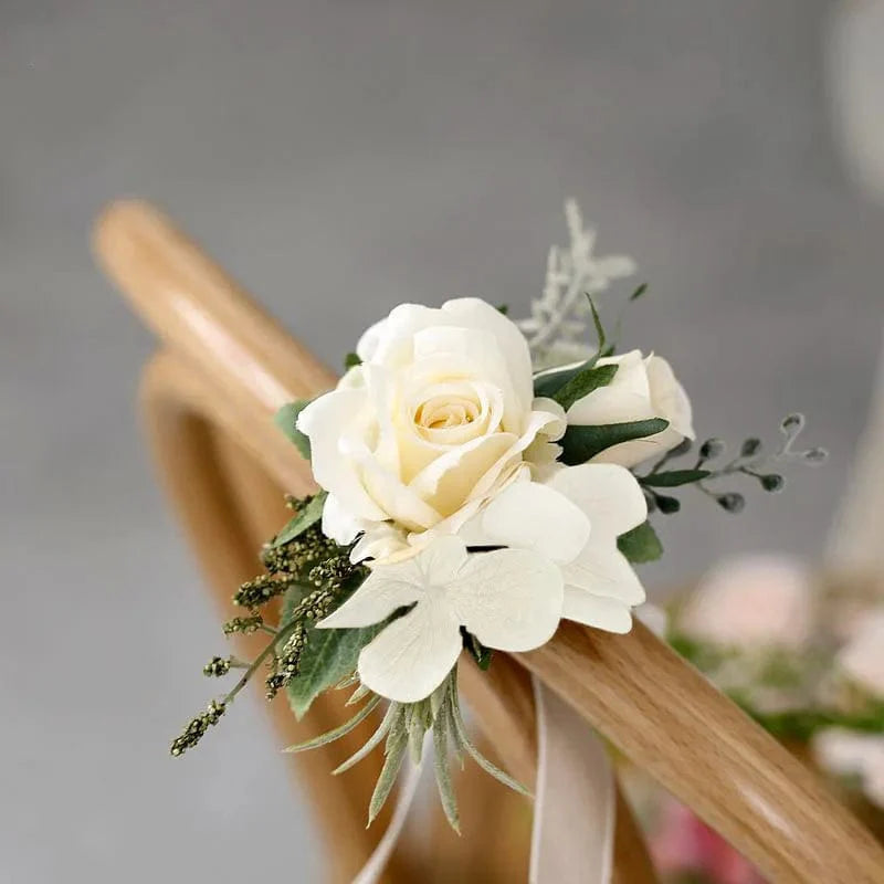Showlu Fashion artificial silk white rose boutonniere and wrist corsage with red rose accents, perfect for wedding bridesmaids and guests.