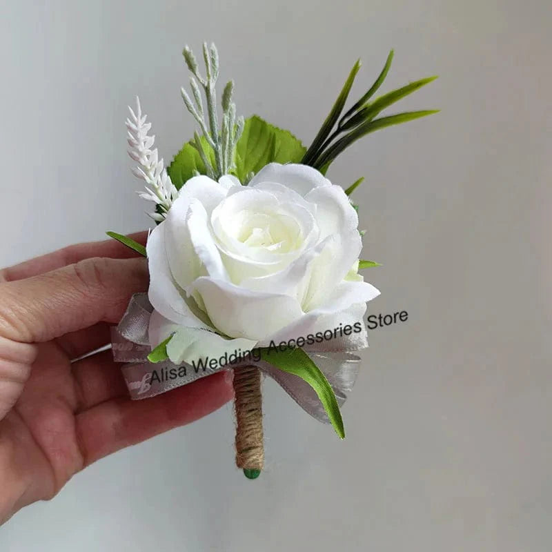 Artificial white silk rose boutonniere and wrist corsage with red roses for weddings, featuring Showlu Fashion elegance and detail.