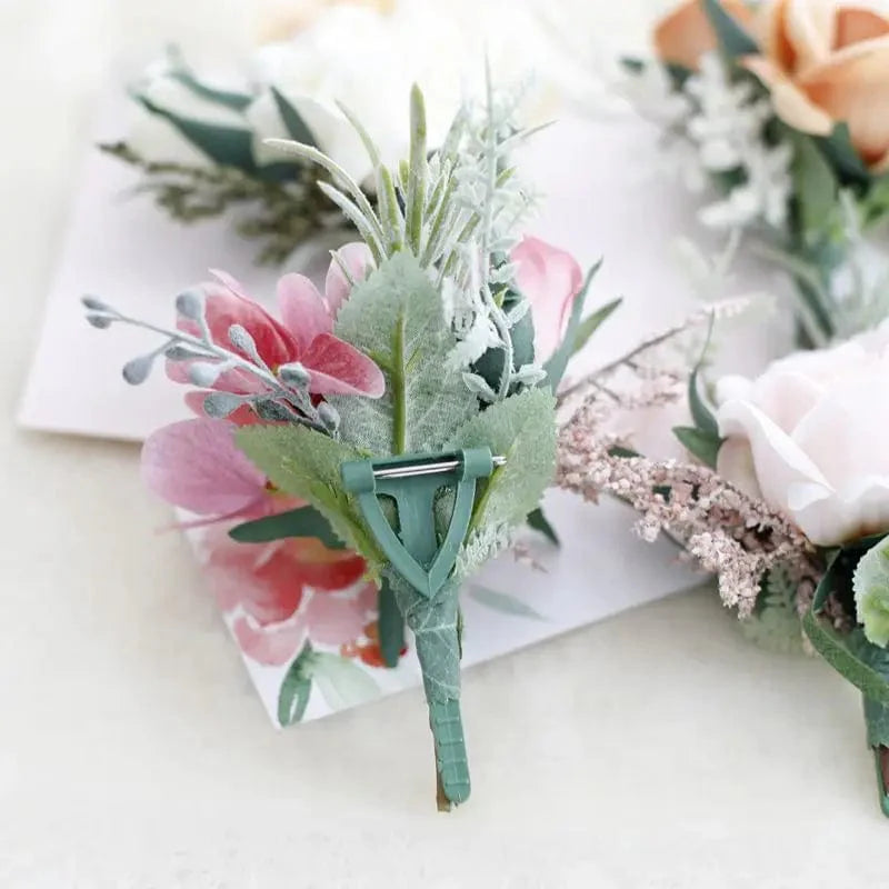 Artificial silk white boutonniere and red rose wedding corsage bracelet by Showlu Fashion, perfect for bridesmaids and groomsmen accessories