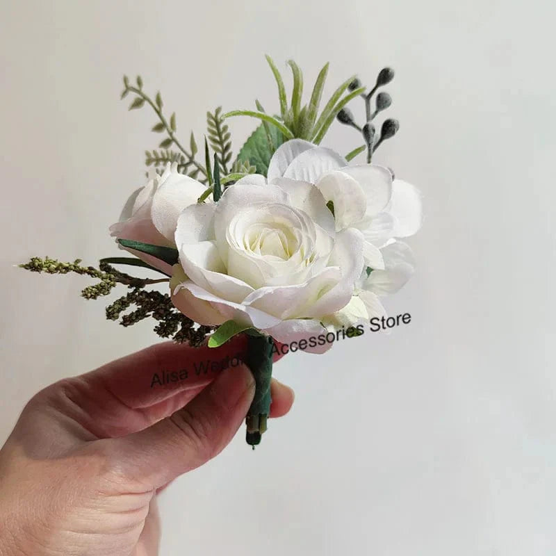 Artificial silk white rose boutonniere and wrist corsage with red rose, suitable for wedding bridesmaids, grooms, and guests.