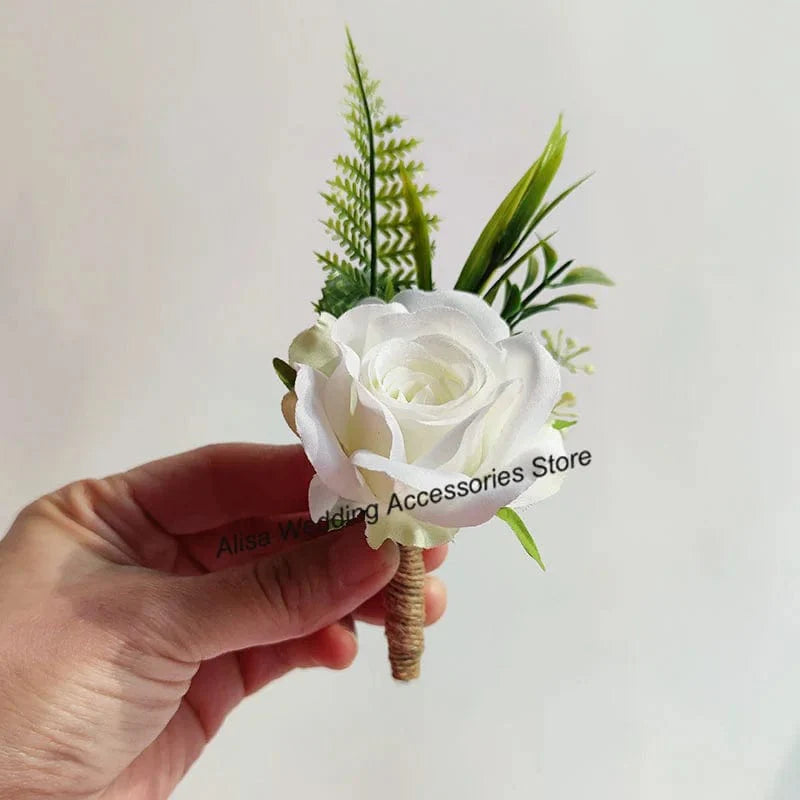 Artificial silk white rose wedding boutonniere and wrist corsage with red roses, suitable for bridesmaids, grooms, and guests.