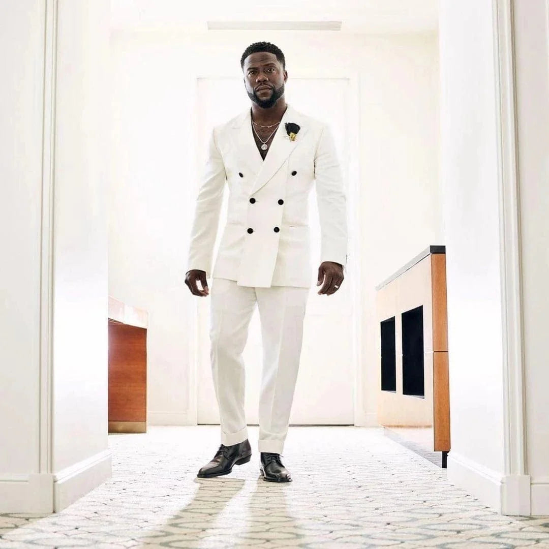 White double-breasted men's suit by SHOWLU FASHION STORE, slim fit 2-piece tuxedo with jacket and pants for wedding or formal occasions.