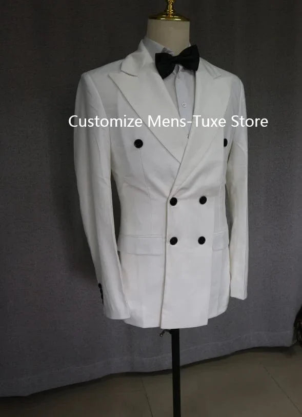 White double-breasted men's suit by SHOWLU FASHION STORE, slim fit wedding tuxedo with jacket and pants, perfect for formal occasions