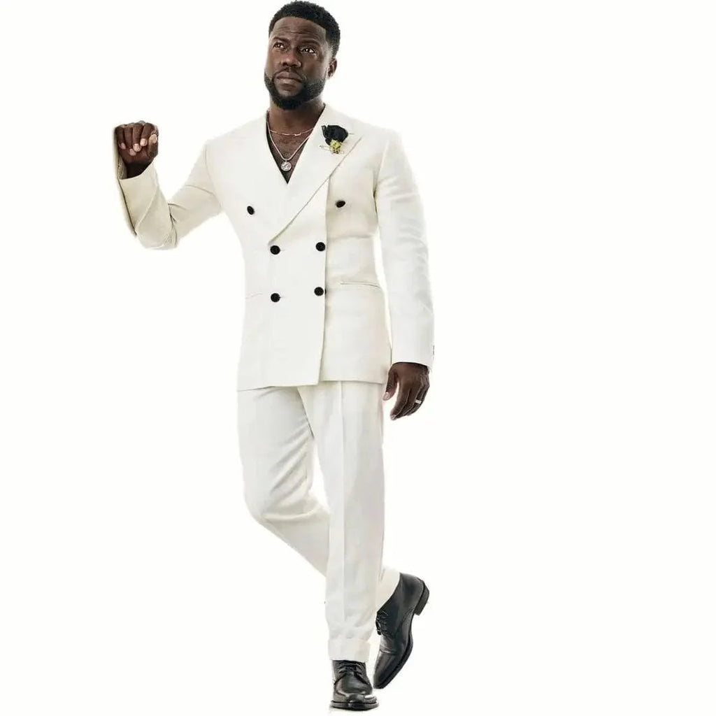 White double-breasted men's suit by SHOWLU FASHION STORE, slim fit tuxedo with jacket and pants for wedding or formal occasions.