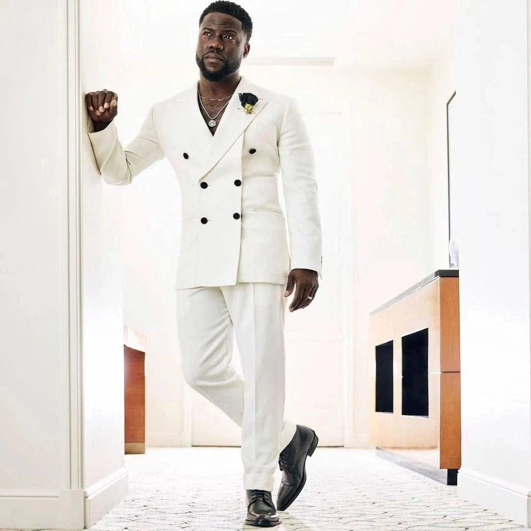 White double-breasted men's suit from SHOWLU Fashion Store, slim fit 2-piece tuxedo with blazer and pants for wedding or formal events.